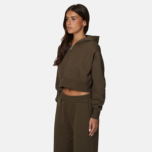 Sweat-shirt à capuche court vert olive pour femme, manches longues, fermeture éclair, tricoté, couleur unie, décontracté, pour l'automne - Product Image 3