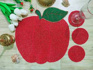 Handmade Beaded Apple Placemat With Coasters Red Fabric Novelty <b>Table</b> <b>Mat</b> Custom Shape Decorative Set - Product Image 1