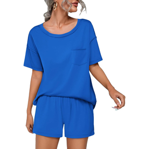 Women's Blue 2-Piece <b>Knitted</b> <b>Set</b> Short Sleeve O-Neck Top With Pocket Loose Fit Shorts Solid Color Breathable Spring Summer - Product Image 1