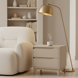 Table d'appoint/chevet moderne avec 2 tiroirs, en chêne massif écologique, design dynamique pour salles à manger et espaces de vie - Product Image 3