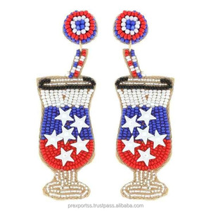 Patriotic Seed Bead Flower Pattern <b>Earrings</b> Handmade Red Blue White Bohemian Style Custom Size Jewelry <b>Funky</b> Statement Fourth - Product Image 1