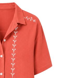 Customized Coral Embroidered Women Crop Shirt Short Sleeve Button Down Casual Summer Blouse Custom Logo <b>Linen</b> Blend Fashion <b>Top</b> - Product Image 4