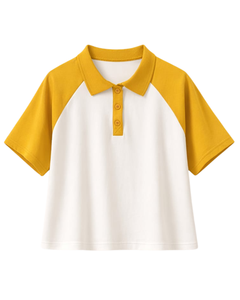 T-shirt polo court personnalisé jaune et blanc pour femme, manches raglan, décontracté, en coton, avec patte de boutonnage, style streetwear d'été - Product Image 5