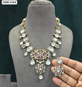 Antique Gold Plated Kundan <b>Statement</b> <b>Necklace</b> Set with Red Enamel Floral Pendant Earrings Wedding Jewelry Set For Women - Product Image 2