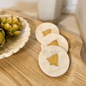 natural white marble round coaster gold <b>christmas</b> <b>tree</b> inlay drink coaster stone coaster cup coaster coffee coaster tea coaster - Product Image 1
