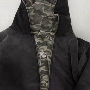 Sudadera con capucha extragrande y cremallera completa, estilo urbano, estampada Y2K, unisex, 100% algodón, informal, camuflaje, con cremallera. - Product Image 4