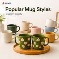 Set Mug Keramik Motif Bunga Hijau Desain Daisy OEM Mug Kopi Keramik Label Pribadi Mug Keramik Grosir Mug Keramik B2B