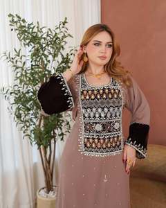 Ramadan Muslim Women's Plus Size Modest Lightweight Floor Length <b>Sequined</b> Beaded Georgette Handmade High Neck Long Sleeve Flared - Product Image 3