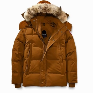 Men'<b>s</b> Brown Down Puffer <b>Jacket</b> With Fur Hood Windproof Winter Coat Casual Style Regular Fit Zipper Closure - Product Image 1