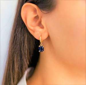 Pendientes de Aro con Piedra de Nacimiento de Zafiro para Septiembre, con Gema Colgante, Plata de Ley 925, Bañados en Oro de 14K, Piedra Azul - Product Image 5