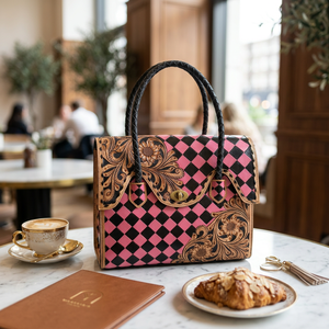 Women's High Quality Genuine <b>Leather</b> Tote Bag With Black Pink Color Checkered Floral <b>Tooled</b> Vintage Style Hasp Closure Daily Use - Product Image 5