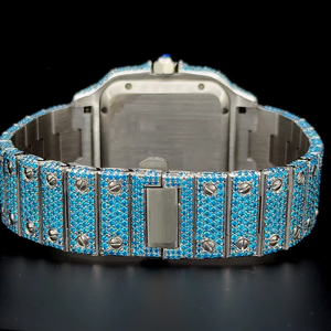 Montre à cadran arabe, couleur bleue fantaisie, entièrement sertie de diamants colorés, style Hip Hop, mouvement à quartz, automatique, entièrement sertie de diamants - Product Image 6