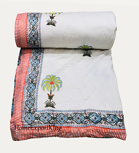 Handmade Reversible Block Print Cotton <b>Quilt</b> with Palm Tree Pattern Bohemian Style Red Striped Border All-Season Home Use - Product Image 4