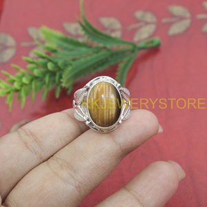 Natural Tiger Eye Gemstone <b>Ring</b> 925 Sterling Silver Handmade Wide Leaf Design Statement <b>Ring</b> Healing <b>Crystal</b> Jewelry for Women - Product Image 5