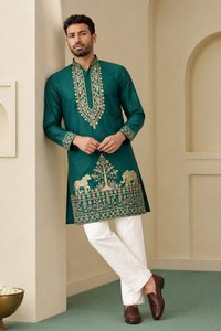 Kurta en soie verte pour homme, imprimé par transfert thermique, motif animalier, coupe droite, longueur genou, tenue de mariage traditionnelle, séchage rapide - Product Image 2