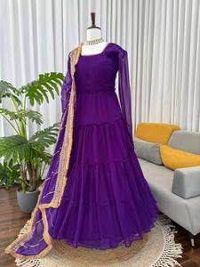 ชุดเดรส Anarkali สีน้ำเงินเข้ม ผ้าจอร์เจตต์เทียม ปักเลื่อม พร้อมผ้าคลุมไหล่ ยาวถึงพื้น สำหรับผู้หญิง ใส่ไปงานปาร์ตี้ งานแต่งงาน งานรับปริญญา งานดิวาลี แห้งเร็ว - Product Image 5