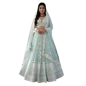 Embroidered <b>Net</b> Lehenga Choli for Women and Girls | Floral Thread Work Ethnic Wedding Outfit Ghagra Choli with <b>Dupatta</b> - Product Image 1