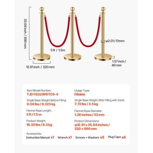 Set di 6 Pali in Acciaio Inox con Corde in Velluto e Base Cava, 4 Pali in Velluto Rosso, Barriere per il Controllo della Folla per Fiere - Product Image 4