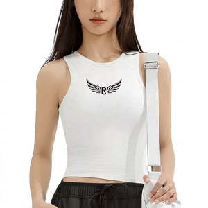 Haut court blanc sans manches pour femme, col rond, imprimé logo aile, respirant, en Spandex et Polyester, motif lettres avant, élément de mode - Product Image 1