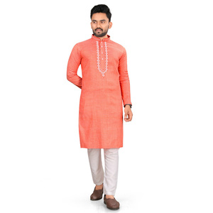 FESTIVAL WEAR ALGODÓN SELF JACQUARD KURTA CON SEMI ALGODÓN PIJAMA MELOCOTÓN - Product Image 1