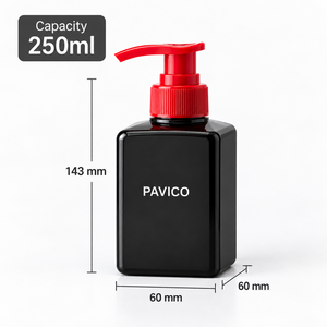 Bouteille carrée en PET de 250 ml avec pompe rouge pour lotion, emballage pour lavage des mains, marque PAVICO, impression sérigraphique, couleur personnalisée, capacité sur mesure - Product Image 1