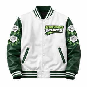 Chaqueta Varsity con Logotipo Personalizado, Diseño Deportivo, Marca Privada, Chaqueta Varsity OEM, Chaqueta Varsity ODM, Verde y Blanco - Product Image 1