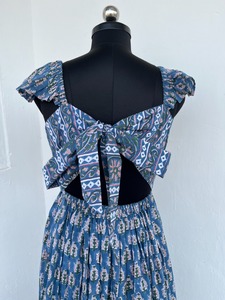 Women's Blue Floral Print Sleeveless Maxi <b>Dress</b> Square Neck Ruffle Cap Sleeves Tie Back A-Line Casual Cotton Summer <b>Dress</b> - Product Image 4
