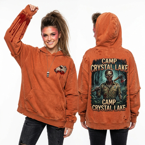 Sudadera con Capucha Oversize para Mujer, Color Naranja Quemado Desgastado, con Gráfico Personalizado de Película de Terror, Forro Polar Grueso, Detalle de Corte, Estilo Vintage - Product Image 1