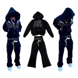 Rhinestone Flare Sweatpants and Hoodie <b>Set</b> OEM Custom Manufacturer Double Waisted Baggy Stacked Pants Sweat Suit Zip up - Product Image 6