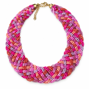 Collar trenzado de cuentas de semillas multicolor rosa, joyería llamativa tejida, proveedor mayorista para minoristas y boutiques - Product Image 1
