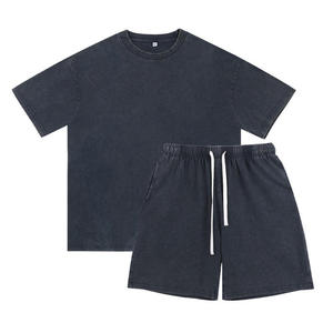 Ensemble T-shirt et short en coton écologique pour homme, col rond, couleur unie, décontracté, tricoté, streetwear d'été avec cordon de serrage - Product Image 3