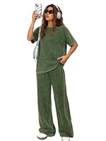 Ensemble décontracté deux pièces pour femme, col uni, manches courtes, pantalon droit, effet délavé, coupe classique, 100% coton, style vintage