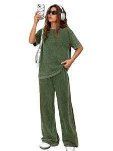 Ensemble décontracté 2 pièces pour femme : pantalon coupe droite et haut à manches courtes, col uni, effet délavé, coupe classique, 100 % coton écologique - Product Image 4