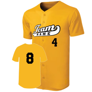 Camiseta de Béisbol Amarilla Personalizada para Hombre, Manga Corta, Nombre del Equipo, Impresión en 4 Colores, Poliéster, Corte Regular, Cuello en V, Cierre con Botones - Product Image 1