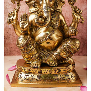 รูปปั้นพระพิฆเนศทองเหลืองโบราณคุณภาพสูง สำหรับตกแต่งบ้าน ของตกแต่งพิธีกรรมฮินดู พร้อมมงกุฎ - Product Image 5