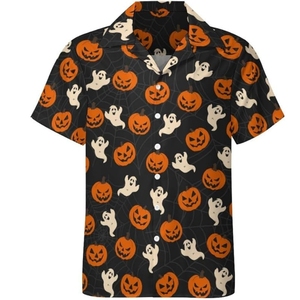 Chemise Hawaïenne Homme Manches Courtes Imprimé Citrouille et Fantôme Halloween Noir Polyester Chemises de Vacances Été Col Rabattu - Product Image 1