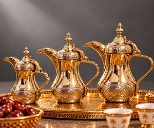 Cafetières arabes dorées et argentées ZHE avec gravures complexes, style Moyen-Orient, bouilloires à thé en métal durables pour les fêtes - Product Image 5