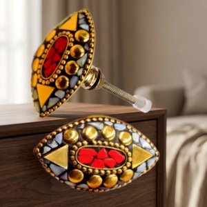 Oval Brass Cabinet Knobs Mosaic <b>Red</b> Stone Design Industrial Eco-Friendly Durable Furniture Handles for Home Office Drawers - Product Image 4