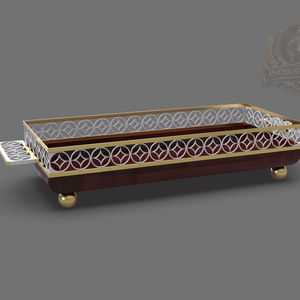 Bandeja de Servir Redonda de Metal y Madera, Diseño de Lujo, Pulida y Personalizada, con Campana, Ecológica, Regalo Empresarial de Exportación India - Product Image 1