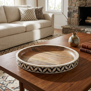 Large Handcrafted Wood Inlay Modern Abstract Pattern Wedding Round Decorative Tray with Integrated Handles - Product Image 5