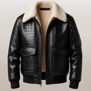 Chaqueta de aviador para hombre en piel sintética negra con forro de sherpa crema y cierre frontal con cremallera. - Product Image 1