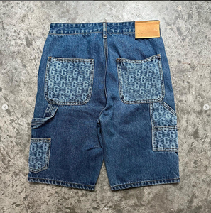 Shorts en jean vintage 100 % coton bleu ciel pour homme, style streetwear, broderie, délavage clair, vente en gros avec poches cargo - Product Image 3
