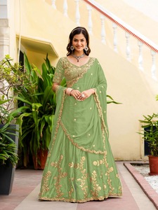 Conjunto de Lehenga Choli semicompuesto de seda Rangoli verde marino para mujer con dupatta bordada - Product Image 3