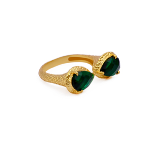 Bague en laiton plaqué or 18 carats avec émeraude de laboratoire et zircone cubique taille poire, sertie à griffes, ajustable, unisexe, classique, avec pierre précieuse - Product Image 3