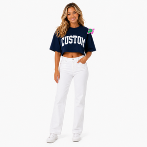 Camiseta Corta de Mujer Azul Marino con Estampado de Letras Personalizado, Cuello Redondo, Manga Corta, Corte Holgado, Informal, Primavera Verano, 100% Algodón Jersey - Product Image 5
