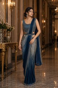 Sari en soie élégant rose à violet dégradé avec chemisier orné et bordure, idéal pour les mariages, longueur ras du sol, coupe classique pour femme - Product Image 2