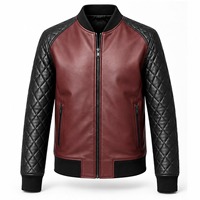 Blouson aviateur en cuir bordeaux premium pour homme avec manches matelassées contrastantes noires et bordures en tricot côtelé