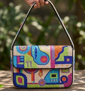 Bolso de Noche con Solapa, Bordado a Mano con Cuentas, Geométrico, Negro y Plateado, Bolso Cruzado con Cuentas, Bolso de Hombro Moderno para Mujer - Product Image 3