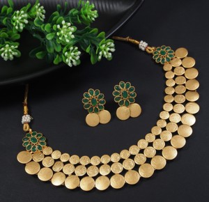 <b>Gold</b> Antique Finish Coin Jewelry <b>Set</b> Green Stones 2-Piece Necklace Earrings Traditional South Indian Wedding Temple Jewelry - Product Image 4