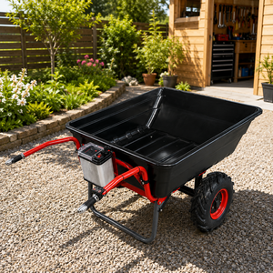 Brouette robuste en plastique à 2 roues, fonctionnement manuel, cadre rouge, plateau noir, pour aménagement paysager, agriculture, construction - Product Image 1